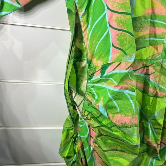 FARM Rio x Anthropologie Puff Sleeve Mini Dress Lime Green Palm Tropical NEW XL - Picture 12 of 13